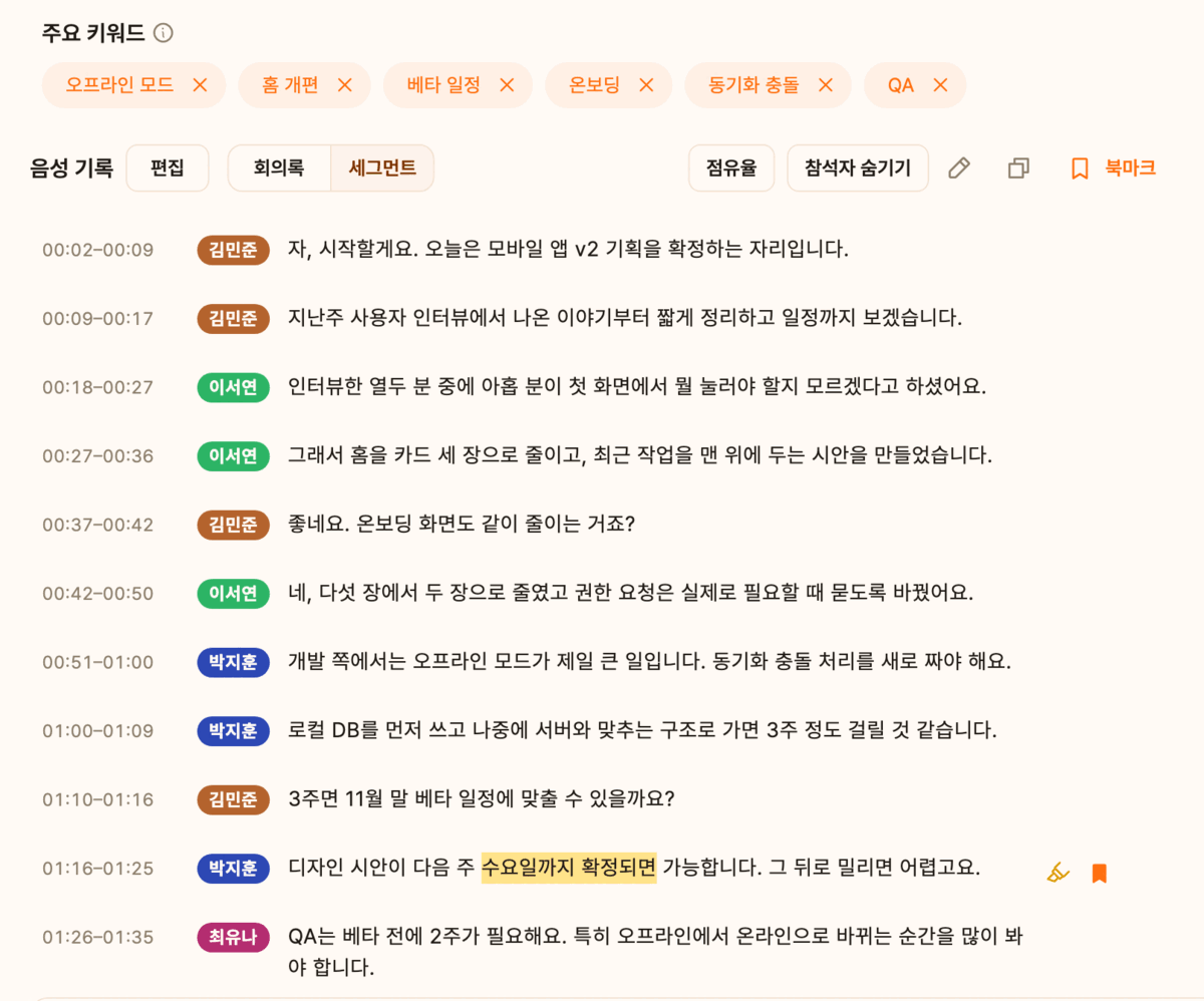 화자별 전사 화면. 김민준, 이서연, 박지훈, 최유나의 발언이 시간 구간과 함께 한 줄씩 정리되어 있고, 위에는 주요 키워드가 있다